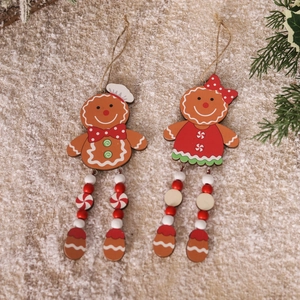 Christmas wooden gingerbread man hanging ornaments with red white beads for tree decoration
