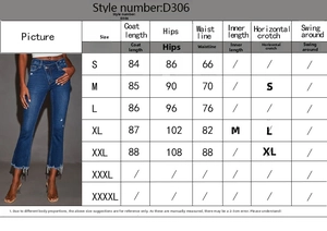 Tabella taglie per pantaloni Capri in denim da donna con misure in cm da S a XXL