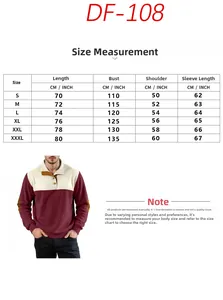 Detailed size guide and measurement chart for the men's half-zip pullover sweatshirt