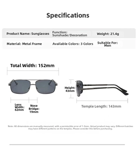 Detailed size specifications and weight information for men's polarized square sunglasses