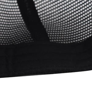 Detail view of black breathable mesh material and precise stitching on the baseball cap