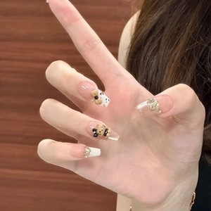 Faux ongles French chat avec ours 3D, nœud et strass, forme ballerine longue