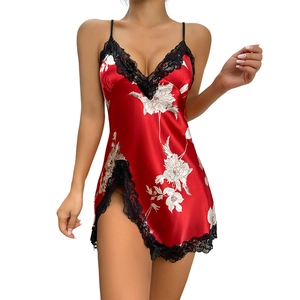 Sexy red floral ice silk nightgown with lace trim and elegant satin finish for women