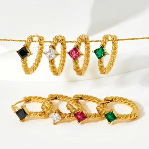 French twisted gold earrings with square emerald gemstones in four distinct colors