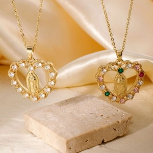 Our Lady Of Guadalupe Heart Pendant Necklace Stainless Steel Colorful Cubic Zirconia Religious Jewelry For Women