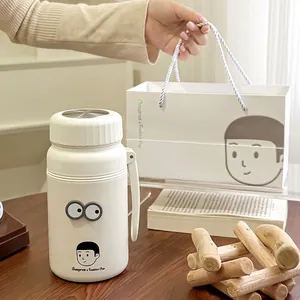 White cartoon 1000ml stainless steel thermal bottle set with gift bag and tea strainer