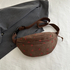 Kawaii Corduroy Strawberry Print Crossbody Bag Women Japanese Style Adjustable Chest Pack Casual Fanny Pack Retro