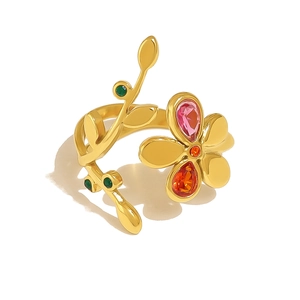 Detail of 18K gold stainless steel open ring with colorful leaf and flower zircon stones