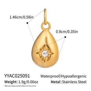 Detail view of 18K gold stainless steel teardrop pendant with dimensions and weight info