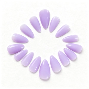 Macro shot of 16 pale purple almond shaped press-on nails arranged in a radial pattern