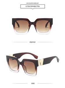 Detailed views of vintage square sunglasses with gradient tea lenses and metal accents