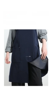 Detail of waterproof dark blue canvas apron featuring double pockets and PE lining