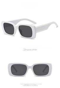 Detailed front and side views of white rectangular sunglasses with grey lenses