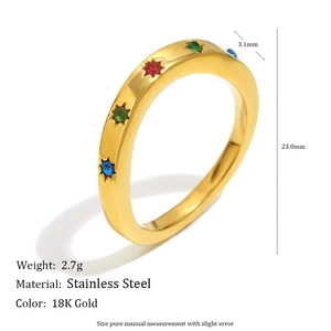 18K gold plated stainless steel star ring with colorful crystals on white background