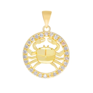 Detailed macro view of a gold-plated Cancer zodiac pendant with micro-set zircon stones