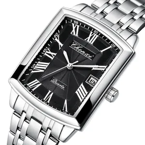 Classic silver stainless steel men's quartz watch with black square dial and date window