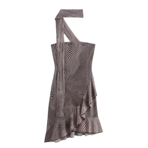 Sexy Zebra Leopardenmuster Minikleid Rüschensaum Asymmetrische Schulter Ärmellos Bodycon Party Clubwear Für Damen