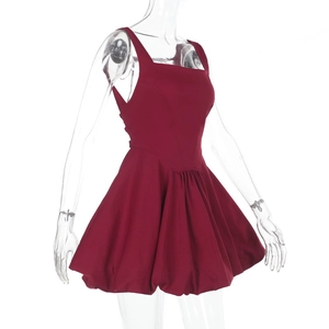 Side view of wine red mini puff dress featuring a square neck and sleeveless design