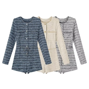 Romper Femme Tweed Manches Longues Boutons Métalliques Ceinture Chaîne Col Rond Coupe Ajustée Style Élégant