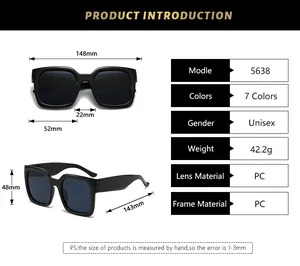 Detailed size specifications for square frame sunglasses showing frame dimensions and weight