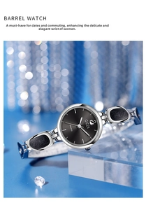 Detailed view of silver quartz watch with black dial and linked metal bracelet band