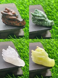 Hand-carved 1.5-inch natural stone dragon head figurines in four distinct gemstone colors