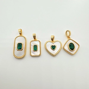 Vintage Pendant Charms Gold Plated Copper Mother Of Artificial Pearl Green Gemstone Heart Square Oval DIY Jewelry Making