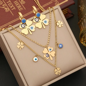 Stainless Steel Double Layer Clover Evil Eye Flower Jewelry Gold Plated Drip Oil Necklace Bracelet And Earrings