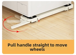 Detail of movable washing machine base with lever handle and multi-wheel lift mechanism