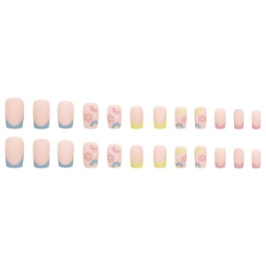 French tip press-on nails with colorful macaron floral designs in short square shape