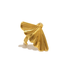 Golden ginkgo leaf open ring with vintage textured engraving on a clean white background