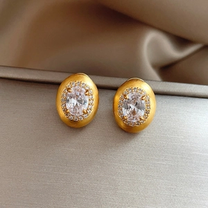 Oval Stud Earrings With Zircon And 925 Sterling Silver Earring Post Brushed Gold Vintage Elegant Jewelry For Women