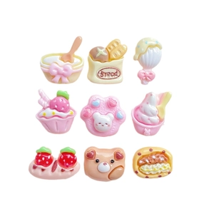 Set of 9 resin mini dessert and animal charms including strawberry ice cream and bread