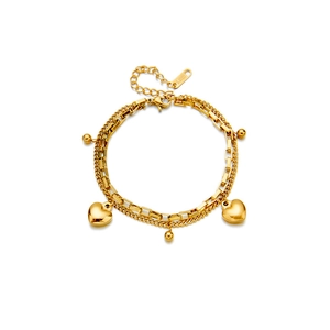 Double-layer stainless steel gold bracelet featuring heart and bead charms in punk style