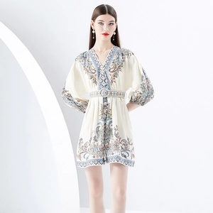 Retro Floral Print V Neck Mini Dress With Belt Lantern Sleeve Elegant Vacation Holiday Style For Women Polyester