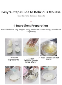 Ingredients list and step-by-step process for making banana mousse with silicone molds