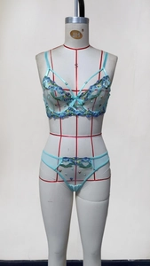 Close-up of light blue mesh bra set featuring floral embroidery and heart cutout detail