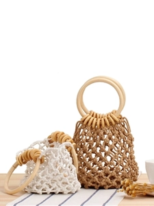 Handmade Woven Bucket Bag With Wood Ring Handle Cotton Rope Hollow Out Net Summer Beach Vacation Handbag For Women