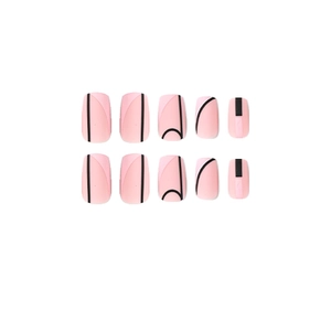 Pink French matte press-on nails with minimalist black geometric lines in 10pcs set