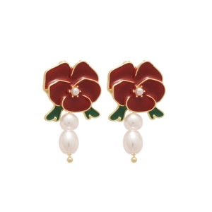 Elegant red enamel flower earrings with pearl pendants and gold-plated details