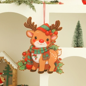 Detail of cartoon reindeer Christmas ornament with red plaid scarf and holiday berries