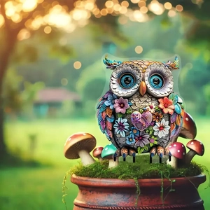 Detail of colorful owl figurine with floral patterns in a miniature garden setup