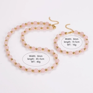 Pink Quartz Bead Necklace And Bracelet 304 Stainless Steel Round Stone Beads Jewelry For Women Fashion Elegant Adjustable