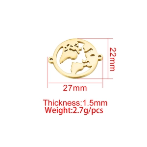 Close-up of golden hollow world map pendant with 27mm diameter and side connectors