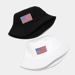 Black and white cotton bucket hats with embroidered American flag patch for sun protection