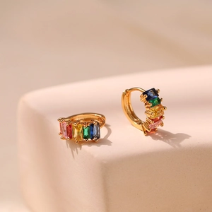 Rainbow cubic zirconia hoop earrings in 18K gold plating with colorful rectangular stones