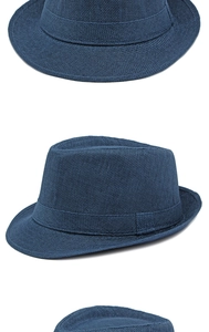 Detailed views of dark blue woven fedora showing breathable texture and narrow brim