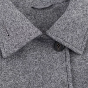 Close-up of gray wool coat collar showing fabric texture and dark button details