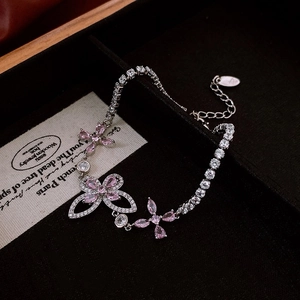 Elegant butterfly adjustable bracelet with sparkling pink and white cubic zirconia