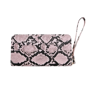 Pink snakeskin pattern long zip wallet with wristlet strap for women, 45-degree angle view